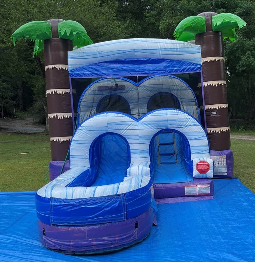 Blue Tropical bounce house with slide wet/dry
