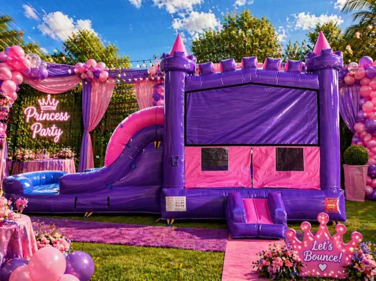PURPLE BOUNCE HOUSE WITH SLIDE (WET/DRY) + Table & 8 Chairs party rental
