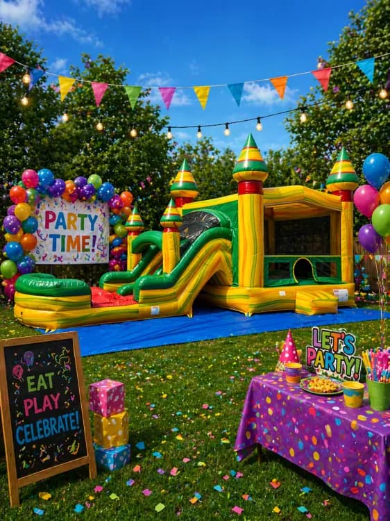 FIESTA DUAL LANE COMBO BOUNCE HOUSE WITH SLIDE + Table & 8 Chairs party rental