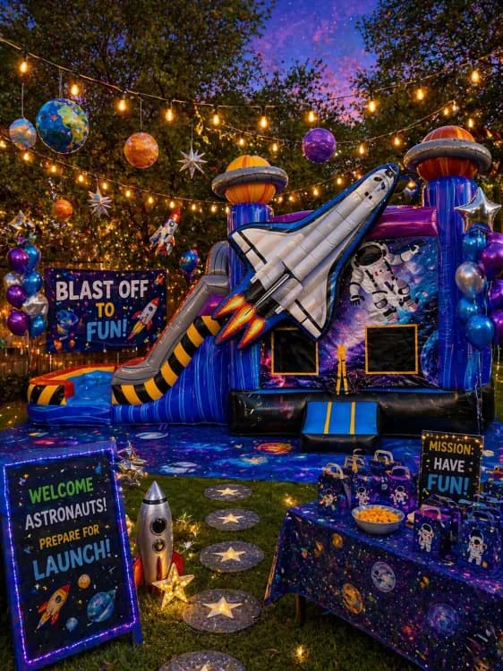 SPACE SHIP BOUNCE HOUSE WITH SLIDE (WET/DRY) + Table & 8 Chairs party rental