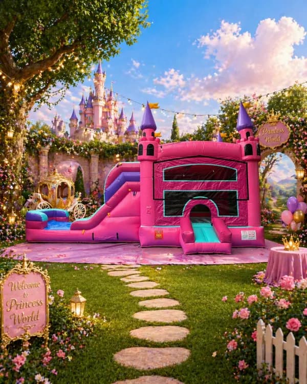 PINK PRINCESS CASTLE BOUNCE HOUSE WITH SLIDE (WET/DRY) + Table & 8 Chairs party rental