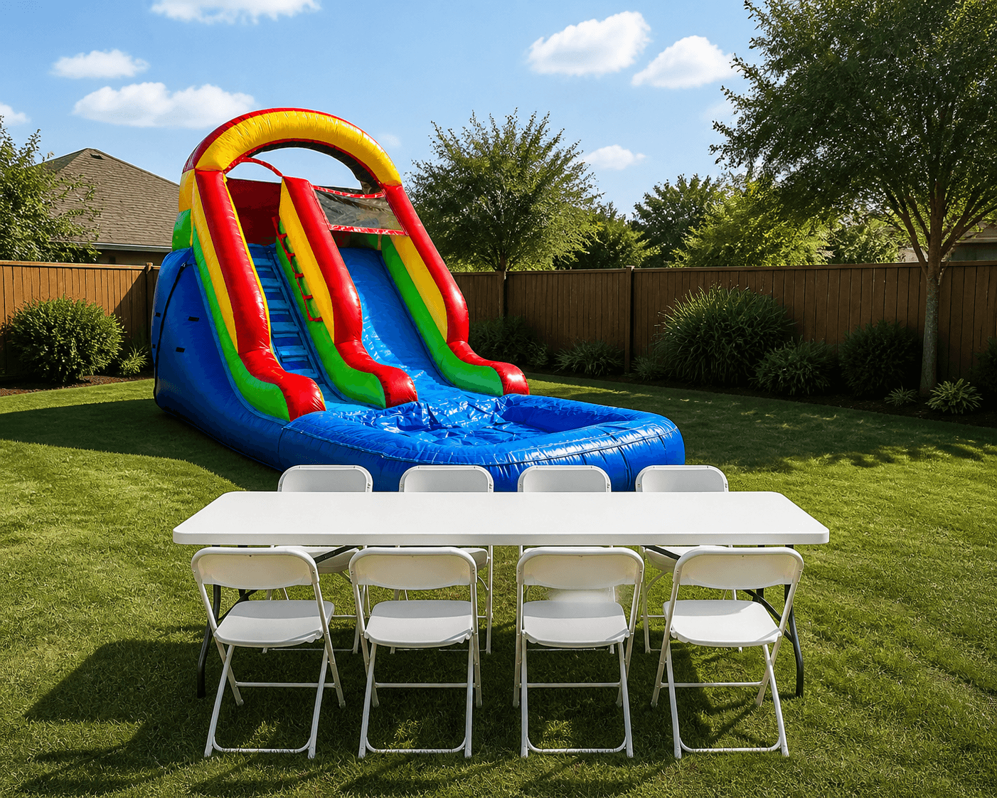 Multicolor Inflatable Slide + Table & 8 Chairs