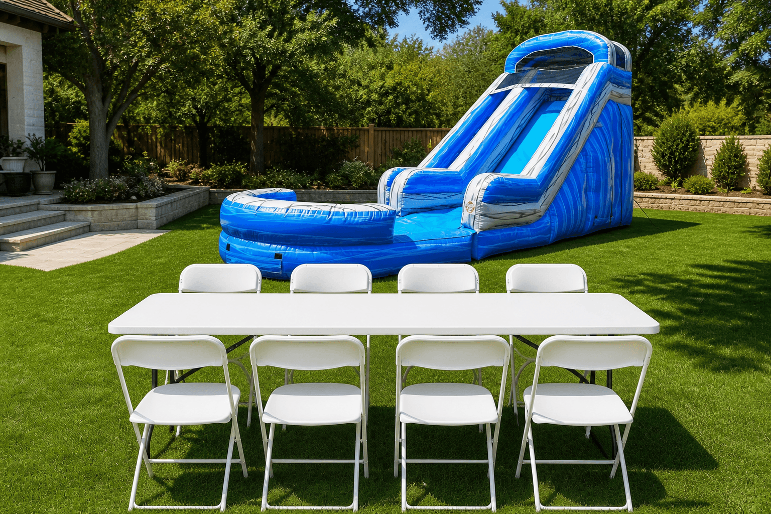 Blue Volcano Slide + Table & 8 Chairs