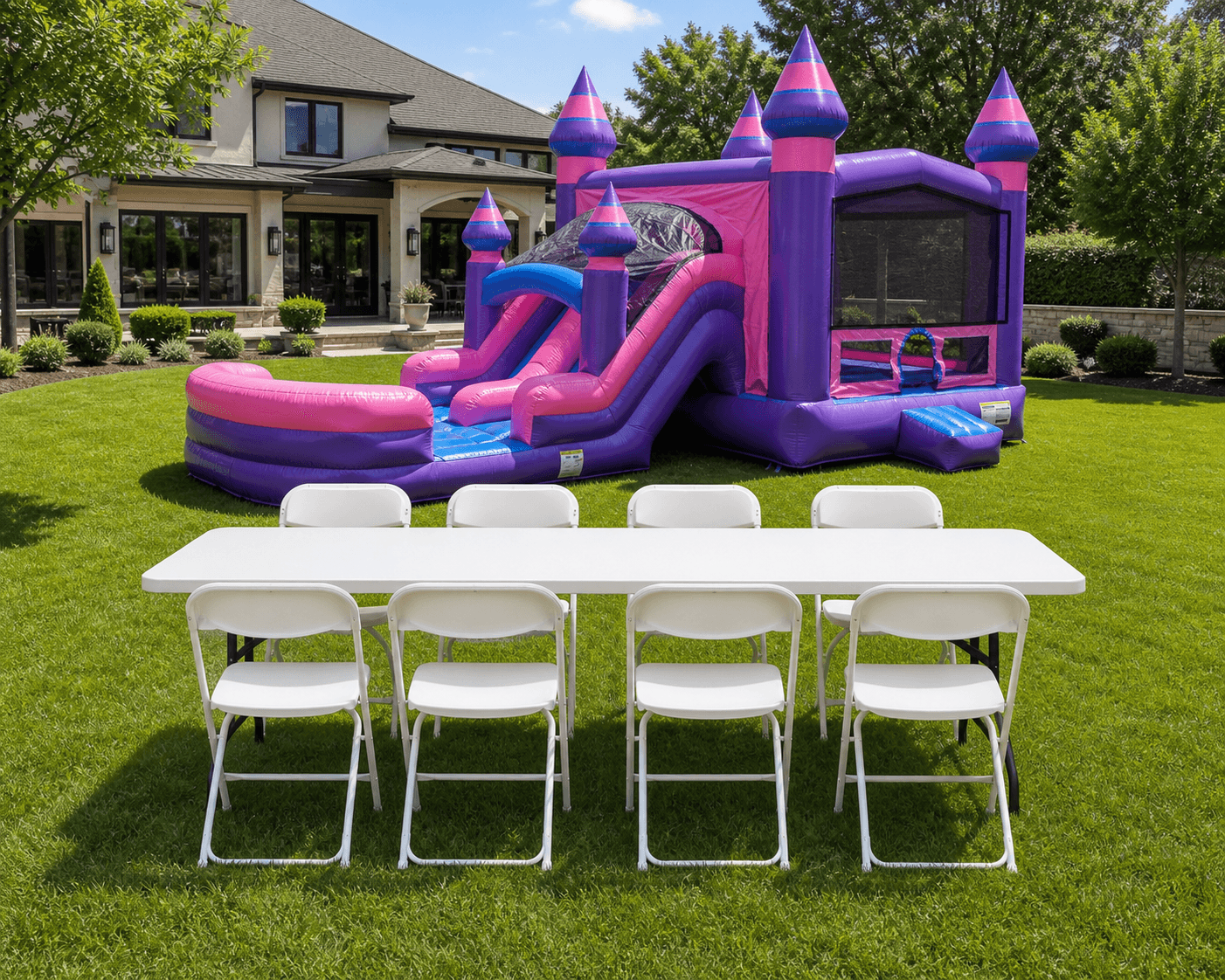 Double Lane Purplish WET OR DRY Slide & Bounce Combo + Table & 8 Chairs