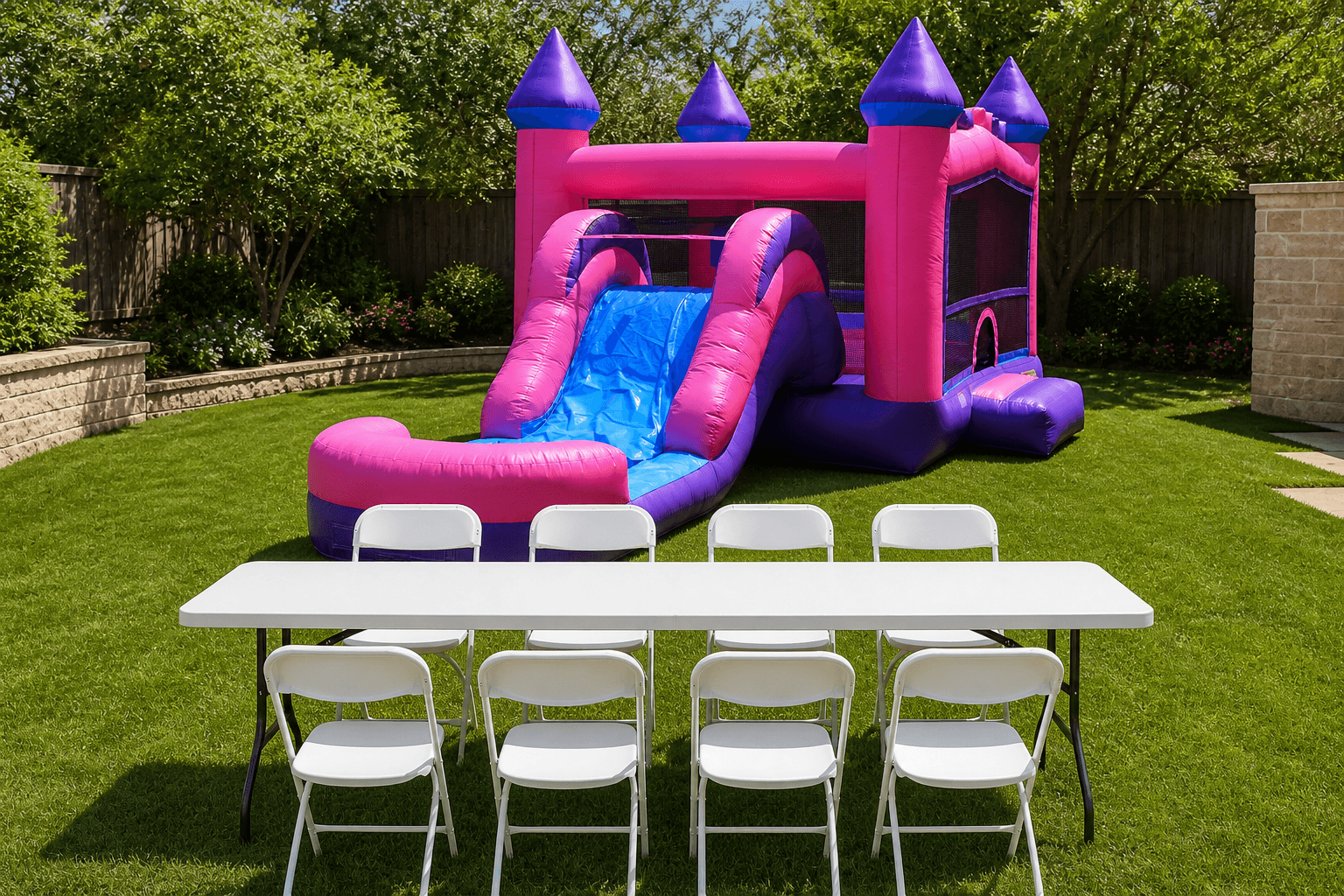 Pink & Purple Single Lane Slide & Bounce Combo + Table & 8 Chairs