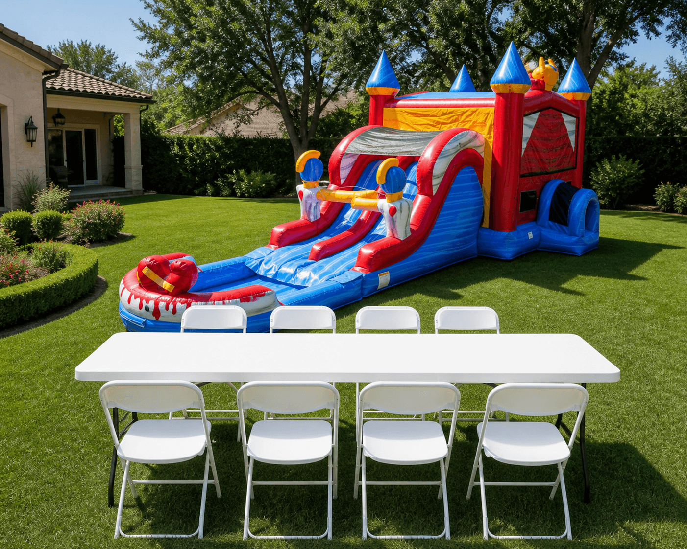 A XL Royalty Double Lane Slide & Bounce House Combo + Table & 8 Chairs