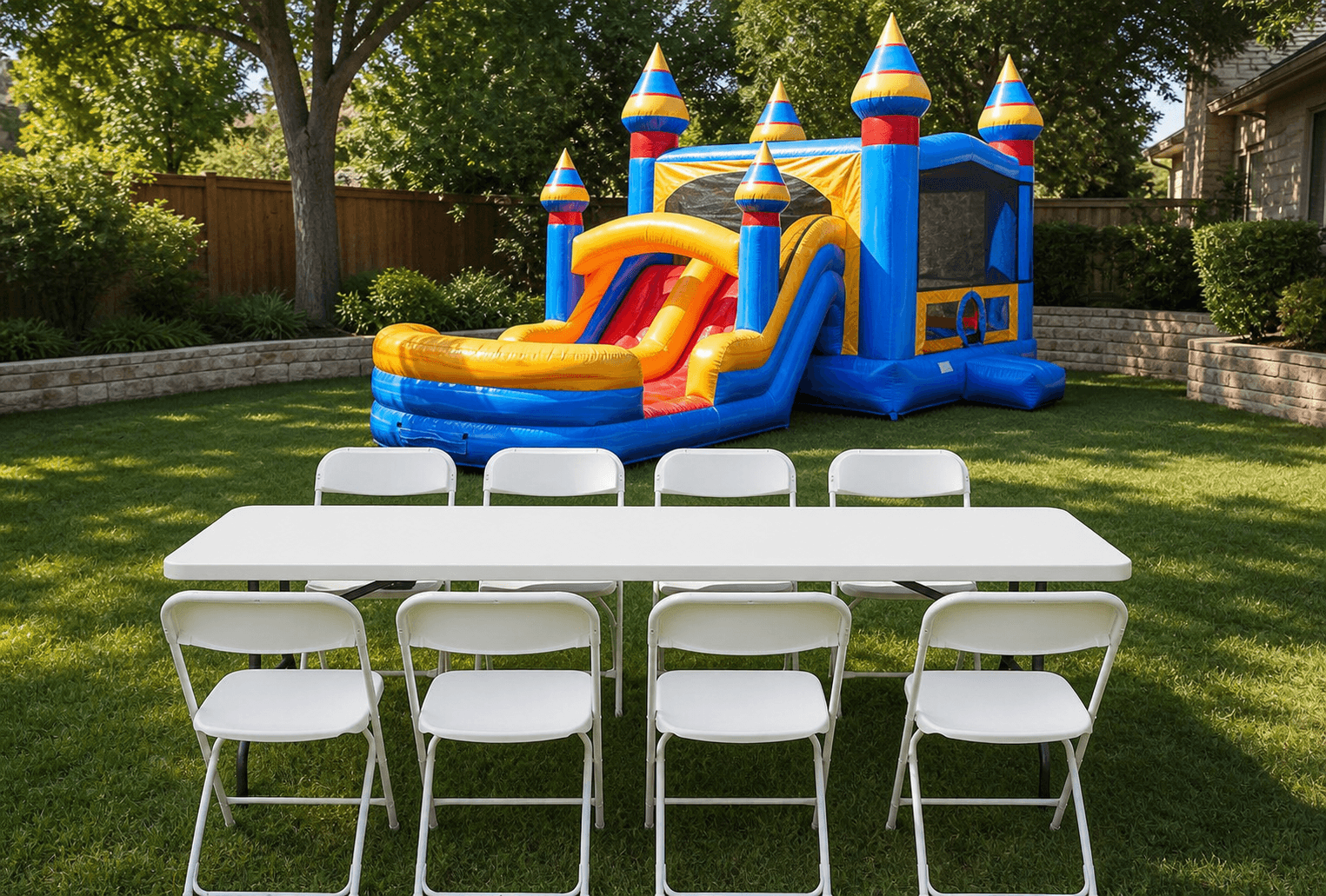 Double Lane Artic Slide & Bounce Combo + Table & 8 Chairs