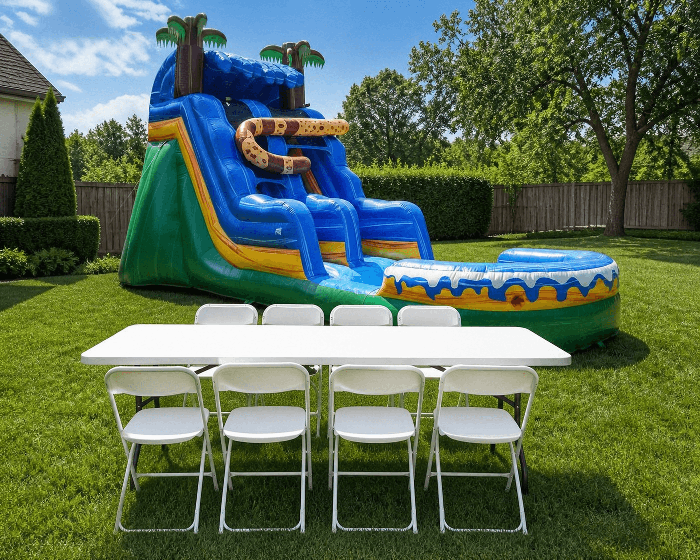 16' Hidden Jaguar Inflatable Slide w/ Water Option + Table & 8 Chairs