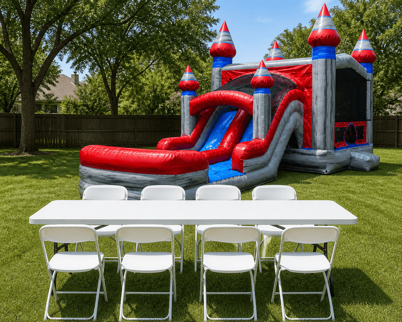 Double Lane Titanium Slide & Bounce Combo + Table & 8 Chairs