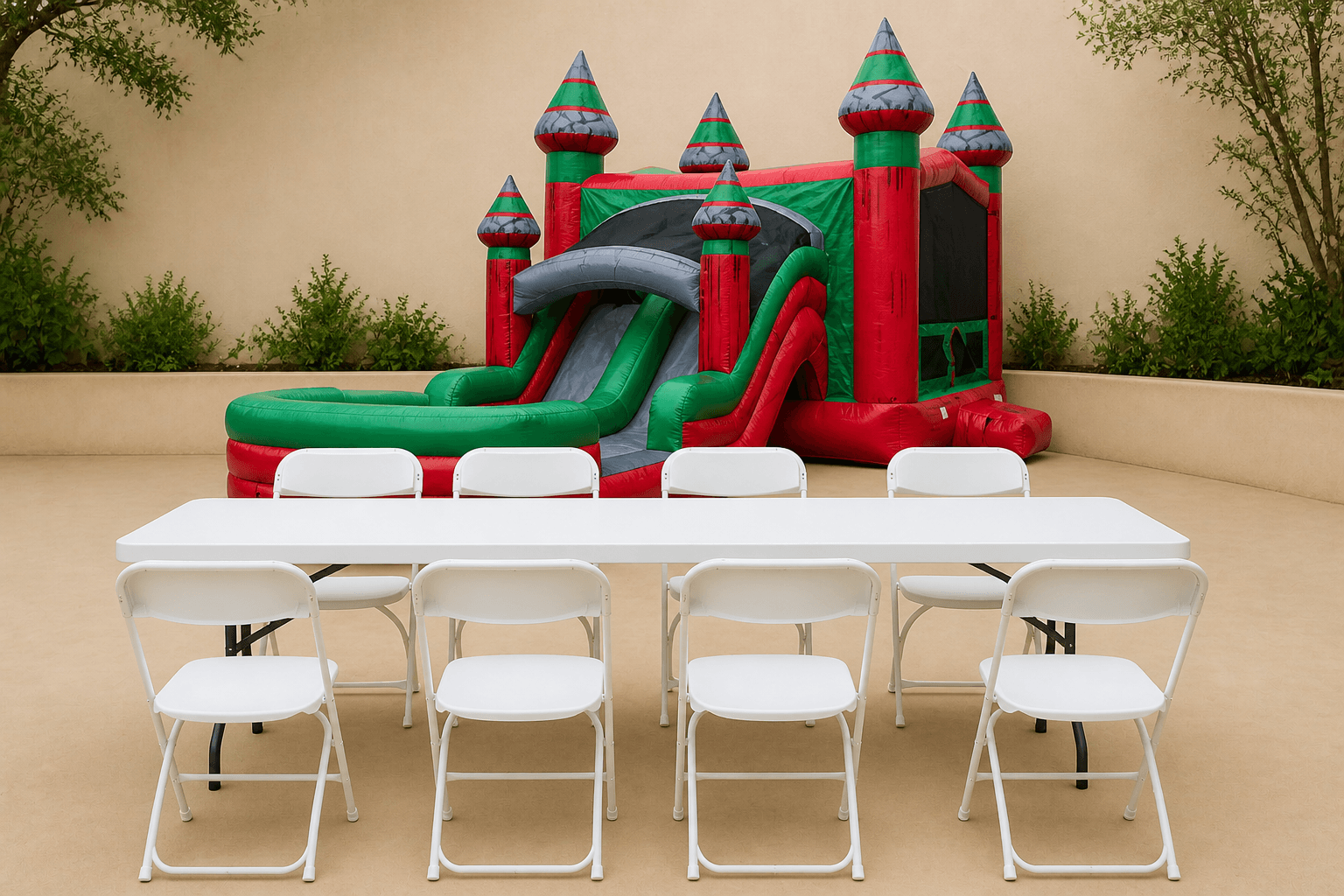 Double Lane Midnight Slide & Bounce Combo + Table & 8 Chairs