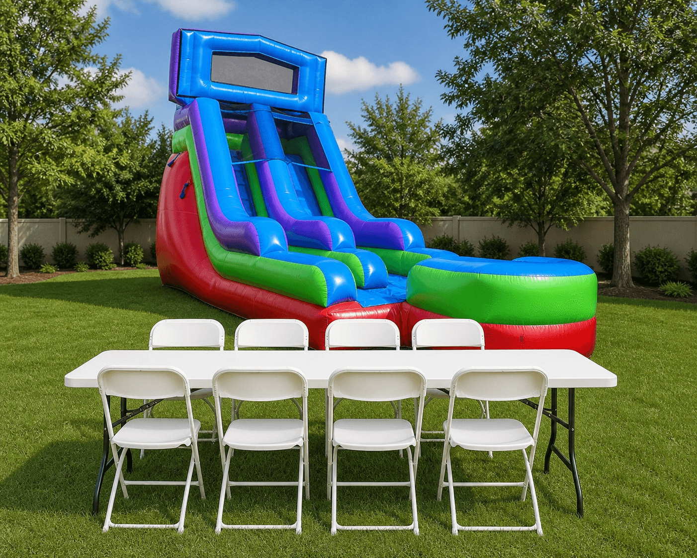 16' Retro Screamer Inflatable Slide w/ Water Option + Table & 8 Chairs