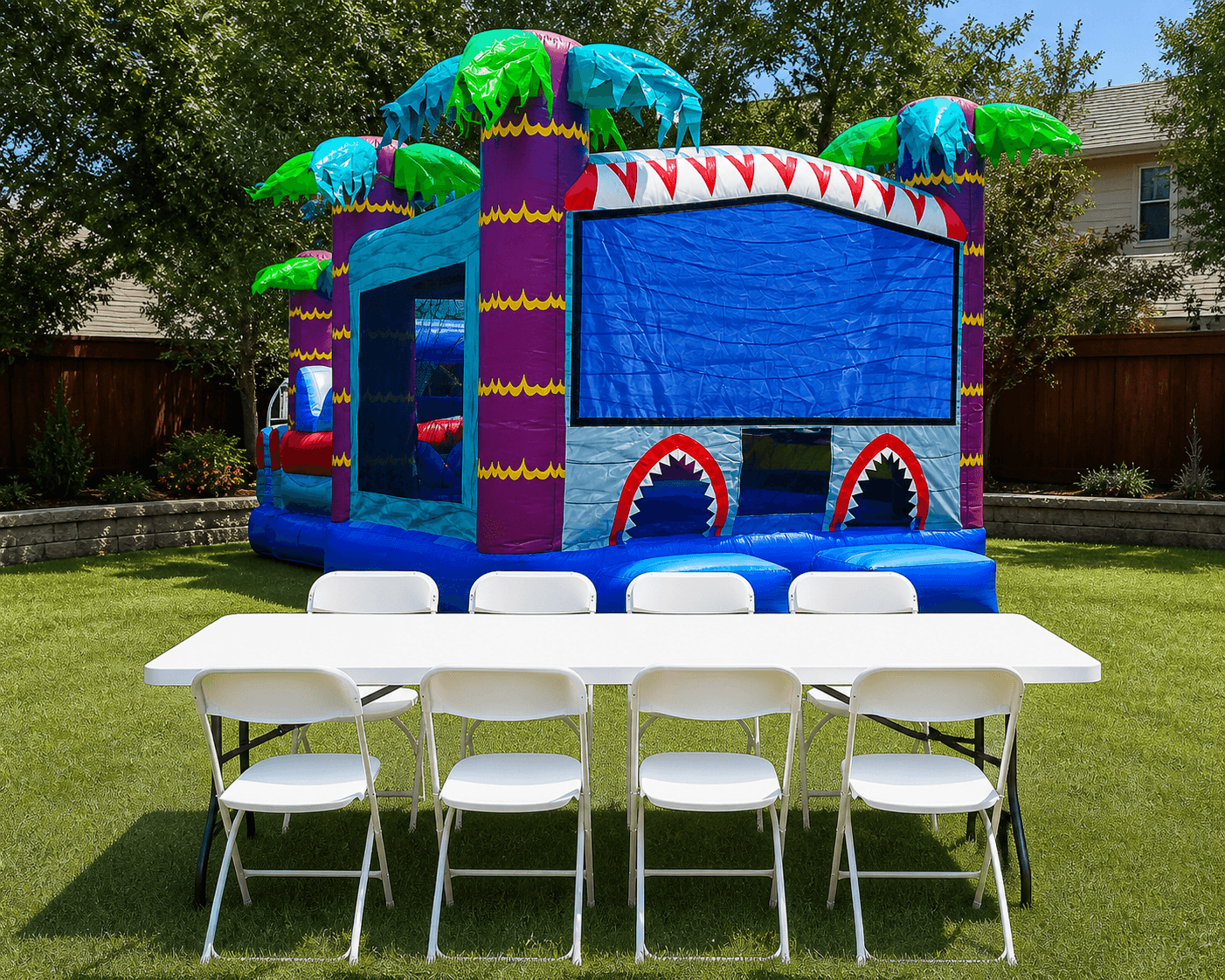 Shark Attack 15 X 30 Bouncer Obstacle + Table & 8 Chairs