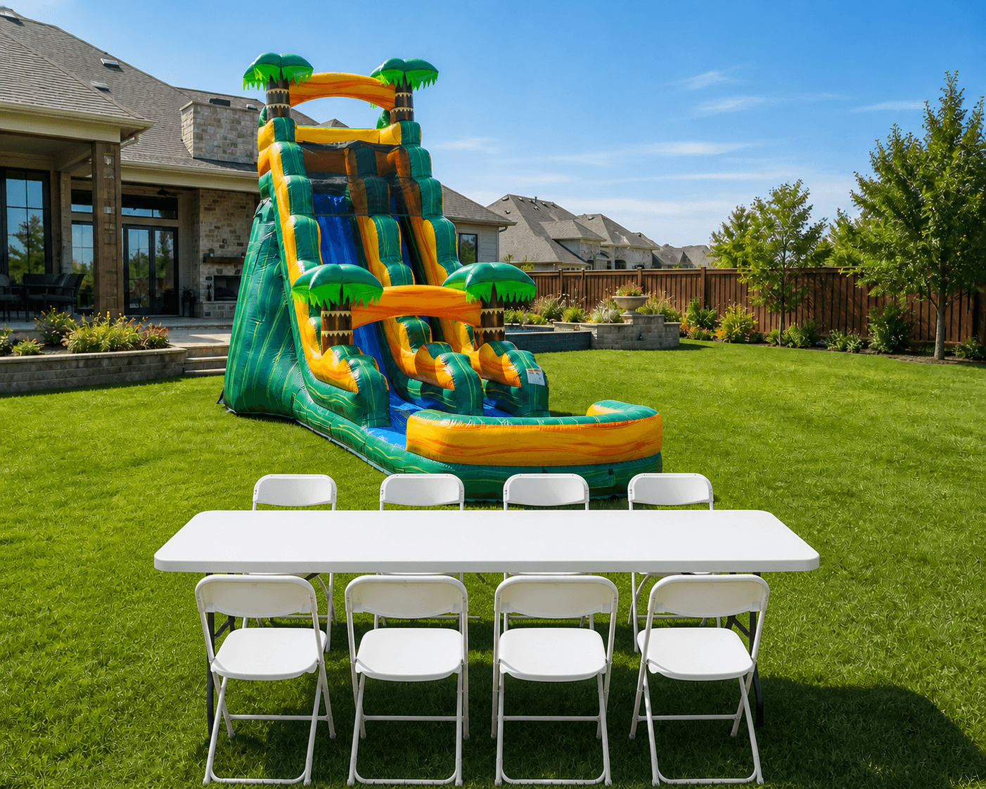 20' Tropical Oasis Inflatable Slide W/ Water Option + Table & 8 Chairs