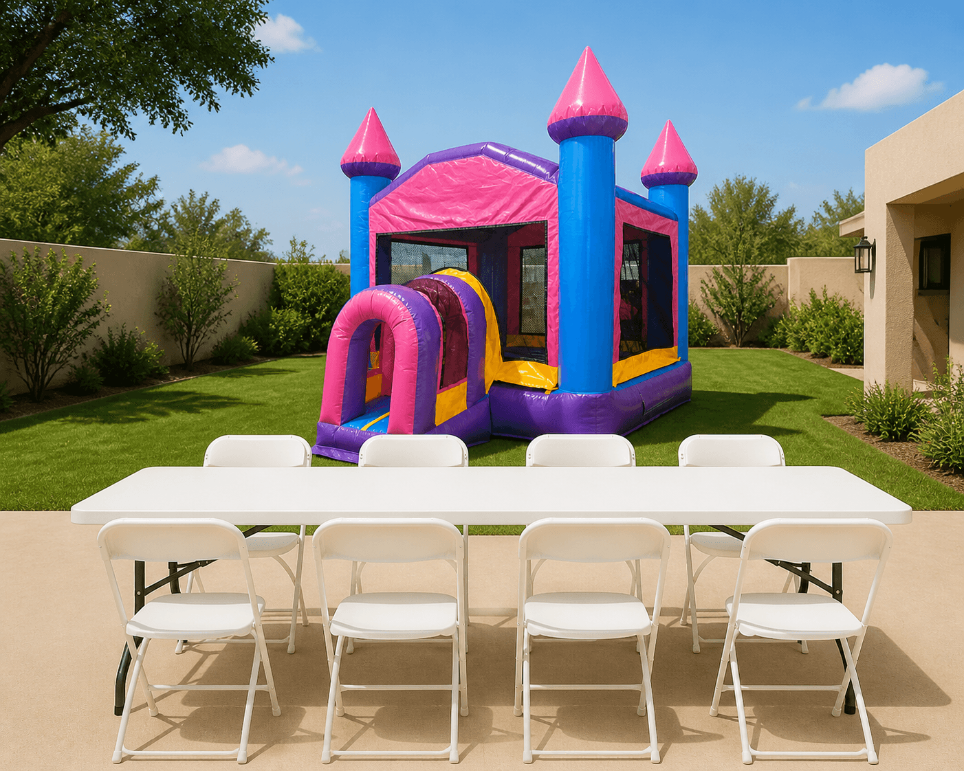 Pastel Small 10'X 10' Castle + Table & 8 Chairs