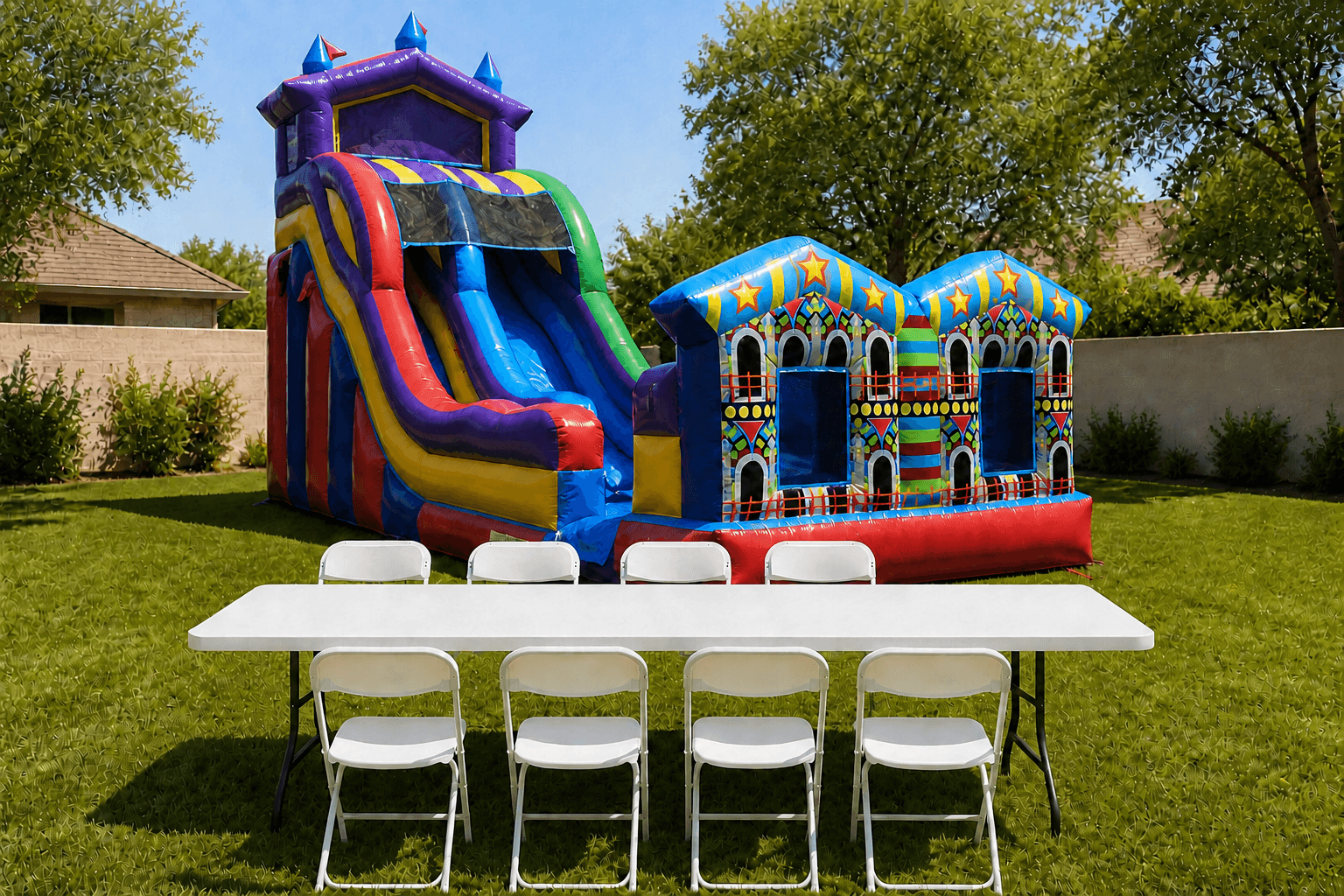 22' Super Fun Inflatable Slide w/ Water Option + Table & 8 Chairs