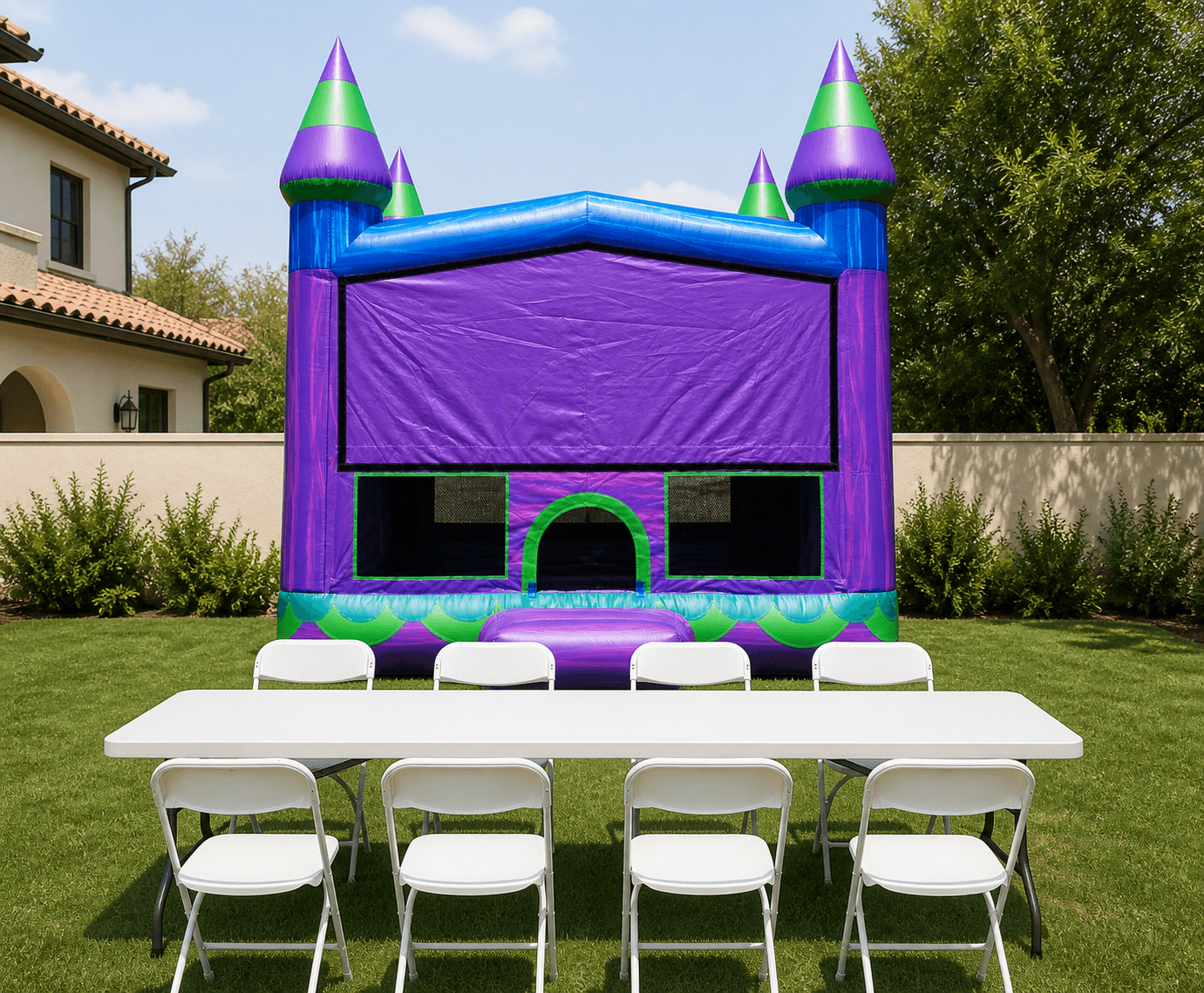Purple Dreamsickle Jumbo 15' X 15' Bounce House Rental + Table & 8 Chairs