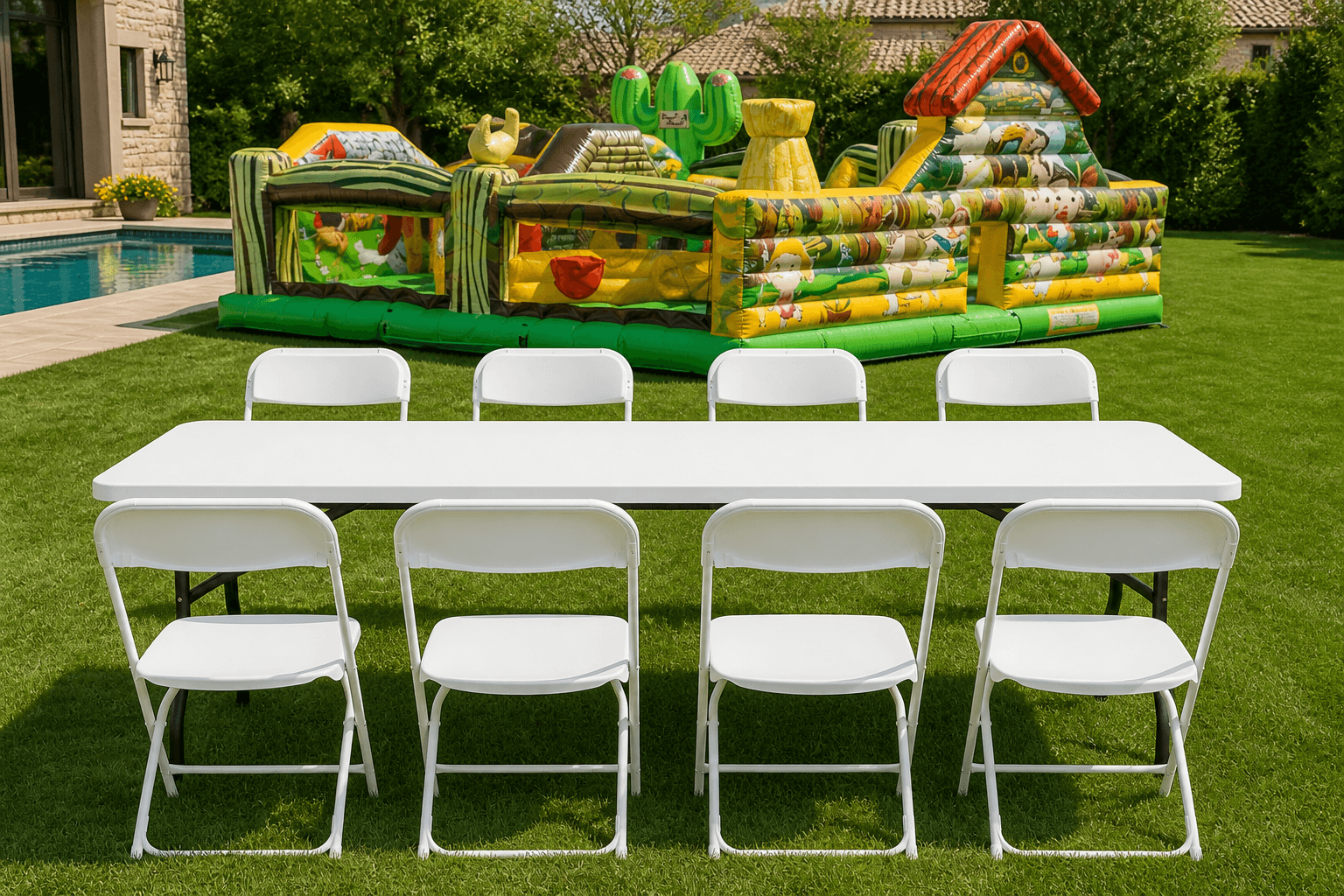 Little Farm Bounce & DRY Slide Combo + Table & 8 Chairs