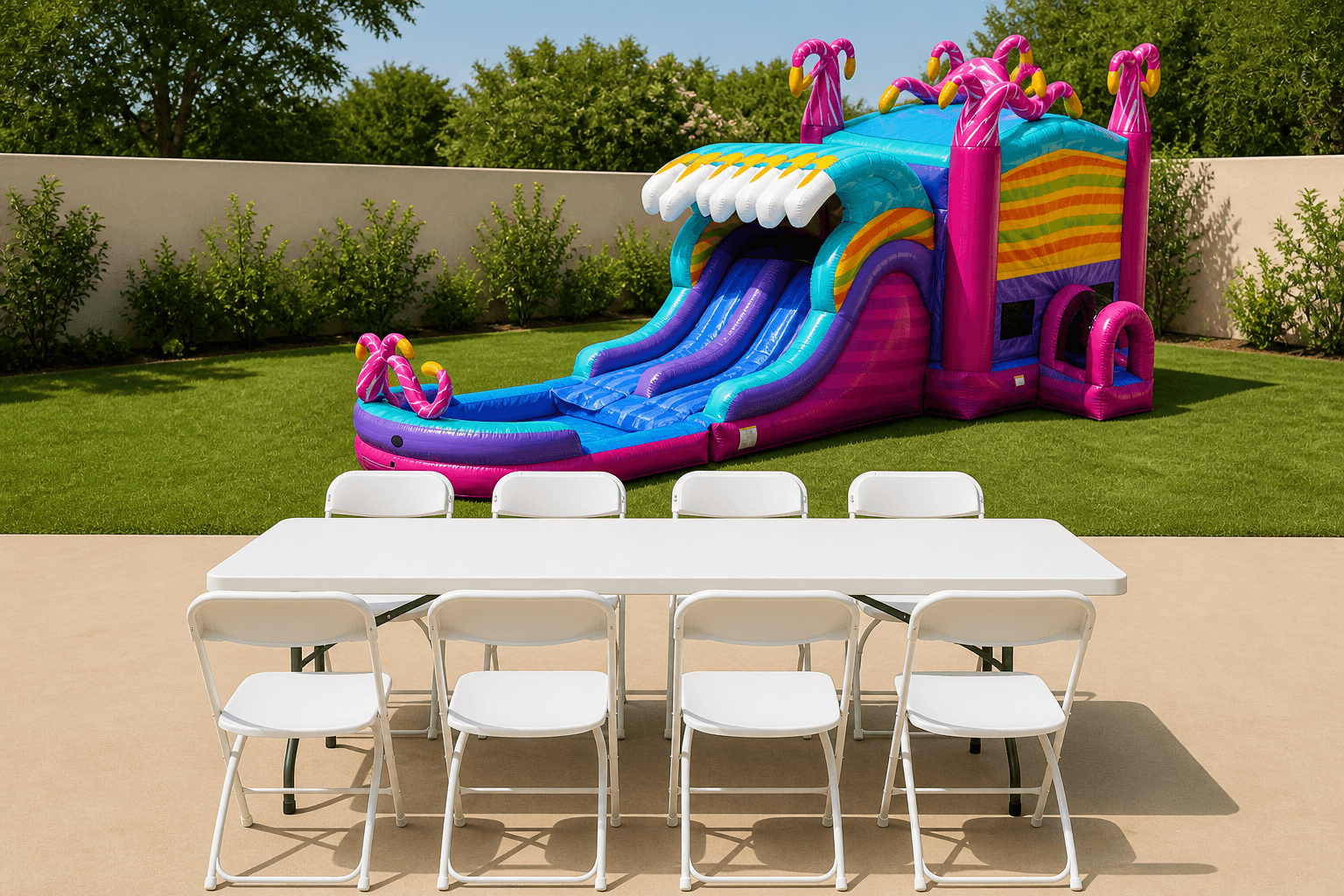 A XL Mysterious Jungle Double Lane Slide & Bounce Combo + Table & 8 Chairs