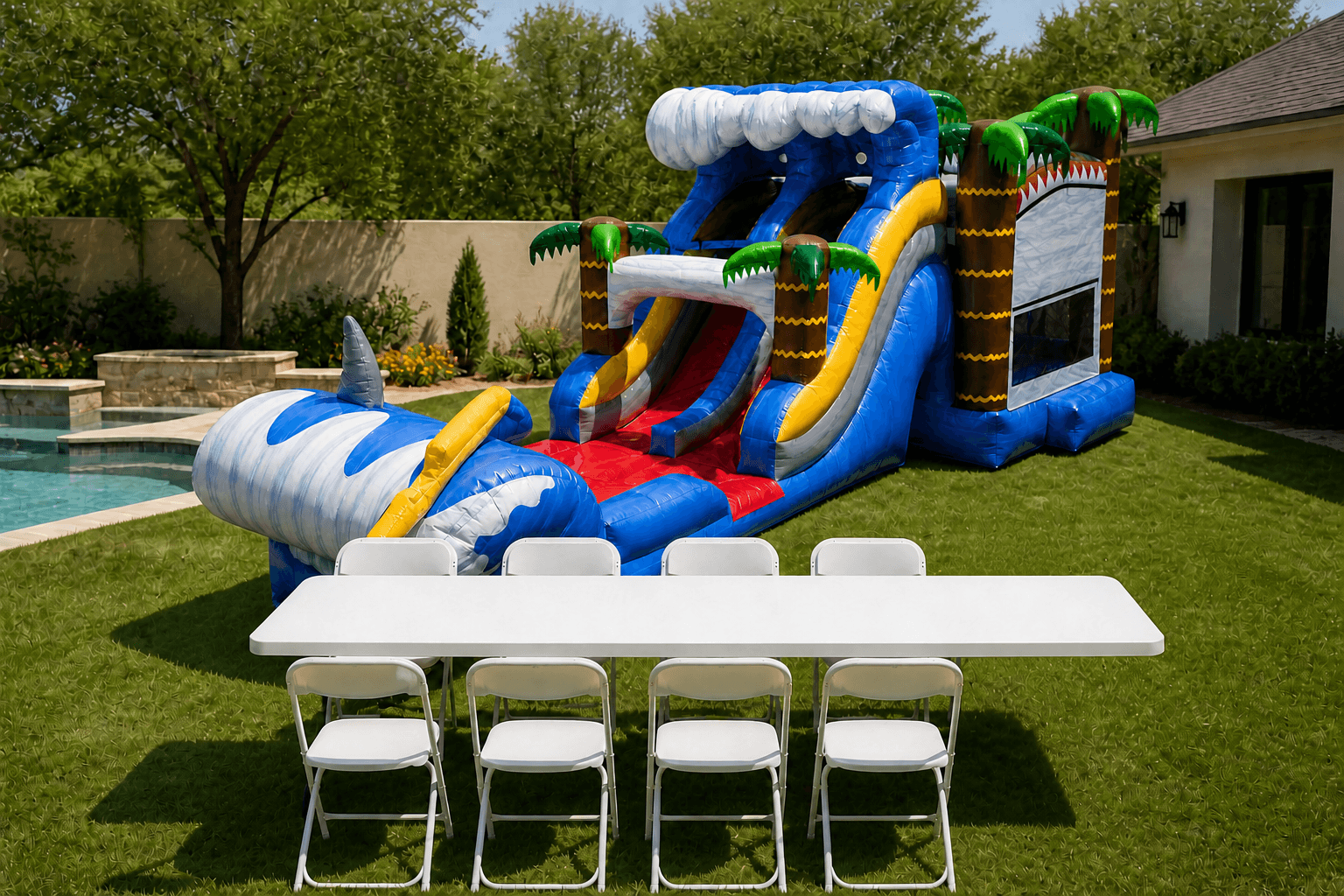 A XXl Shark Attack Double Lane Slide & Bounce Combo + Table & 8 Chairs
