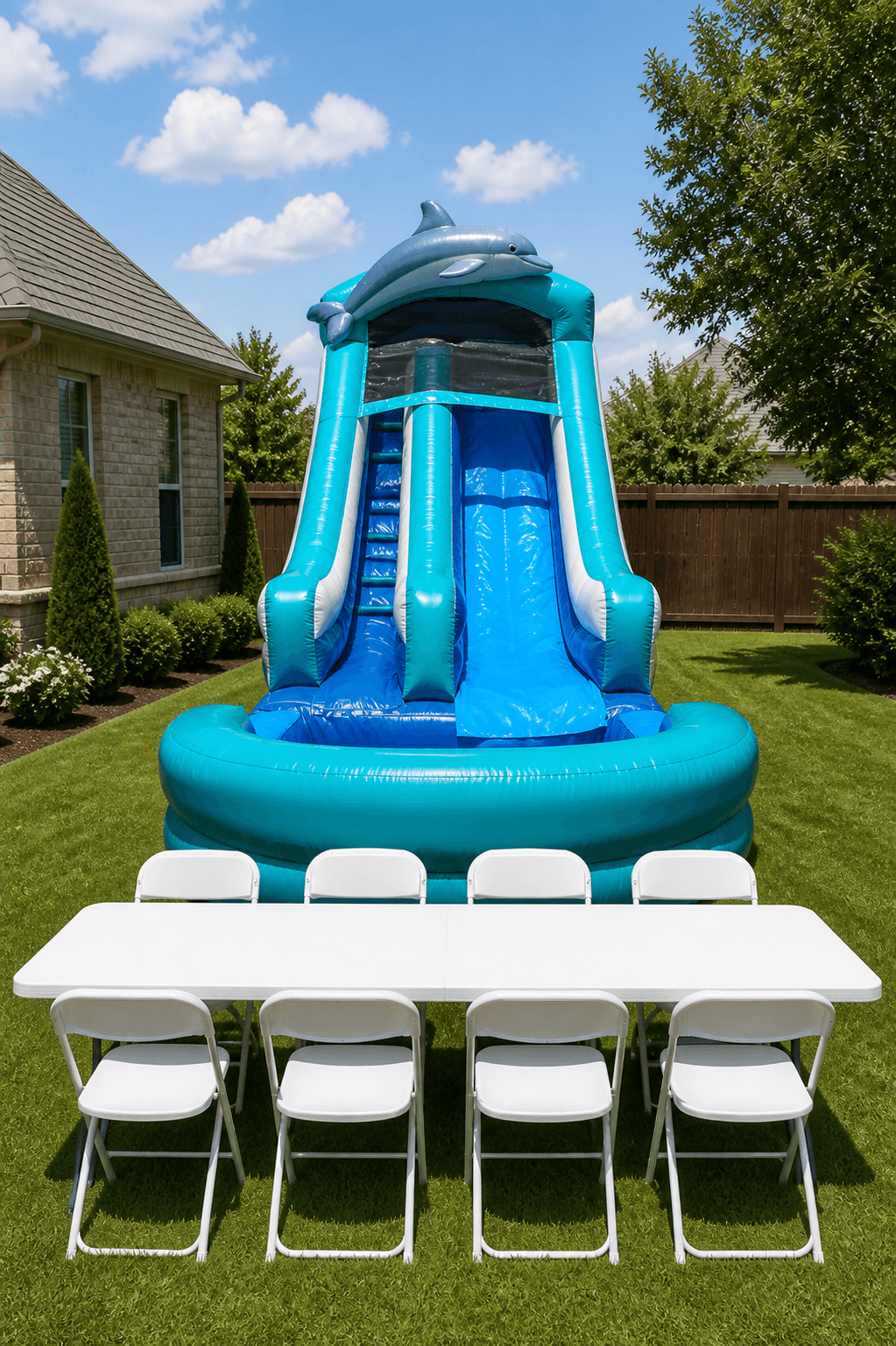 16' Dolphin Inflatable WET or DRY Slide + Table & 8 Chairs