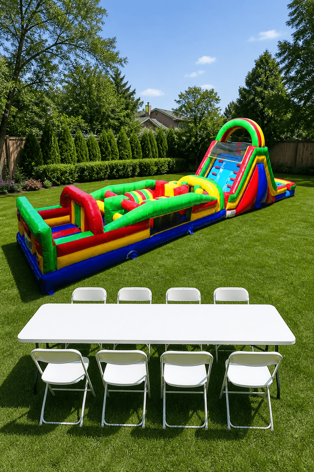 65’ Double Lane Slide Rock Wall Obstacle Course WET OR DRY + Table & 8 Chairs