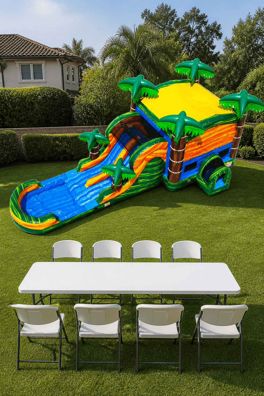 A XL Cali Palms Double Lane Slide & Bounce Combo + Table & 8 Chairs