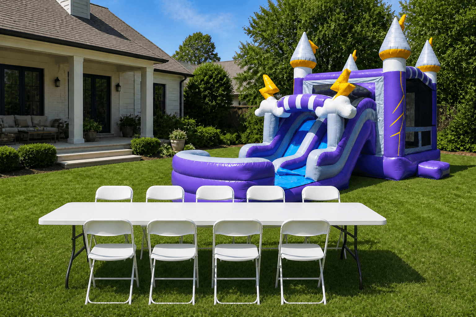 Double Lane Thunder Slide & Bounce Combo + Table & 8 Chairs