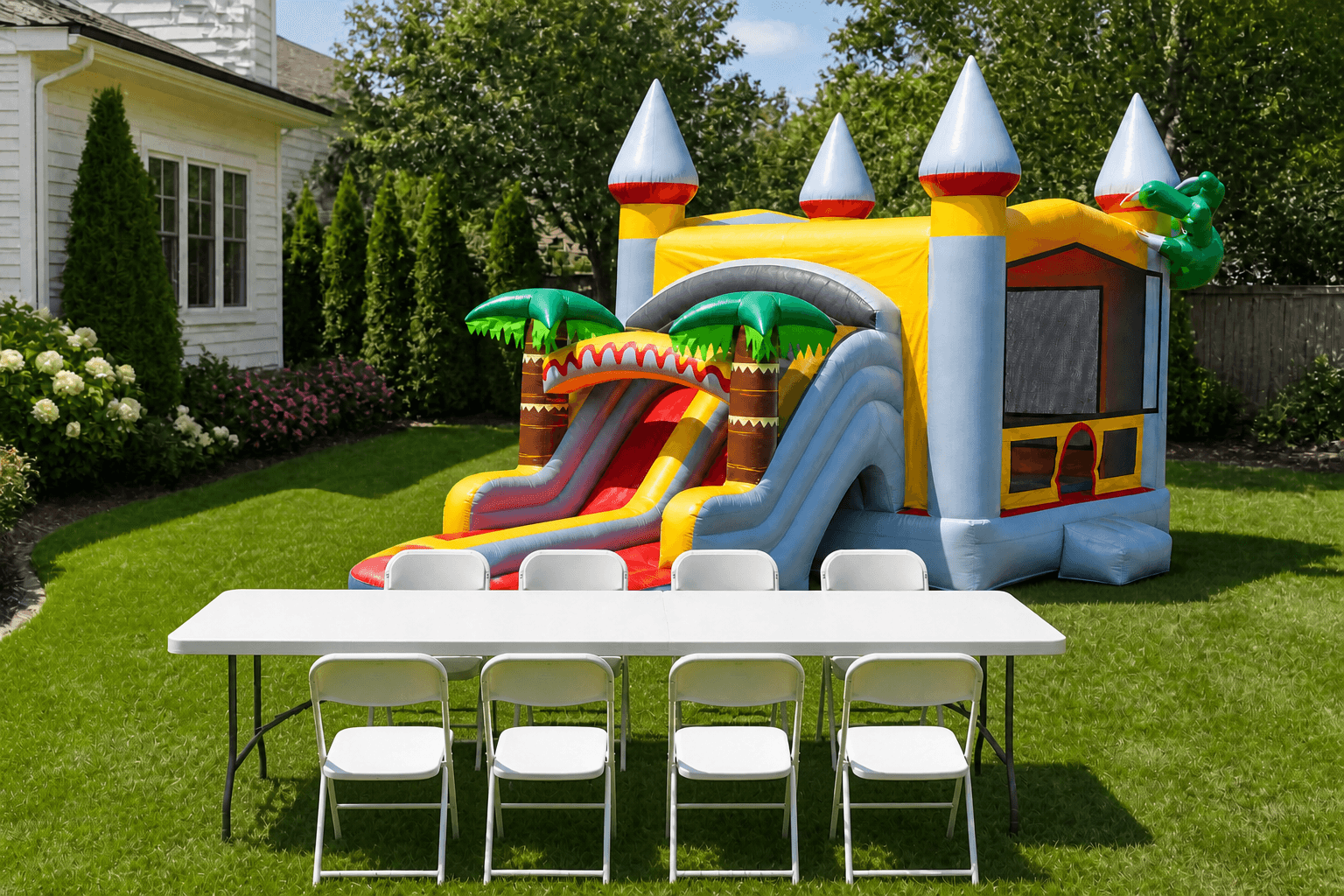 Double Lane Raptor Slide & Bounce Combo + Table & 8 Chairs