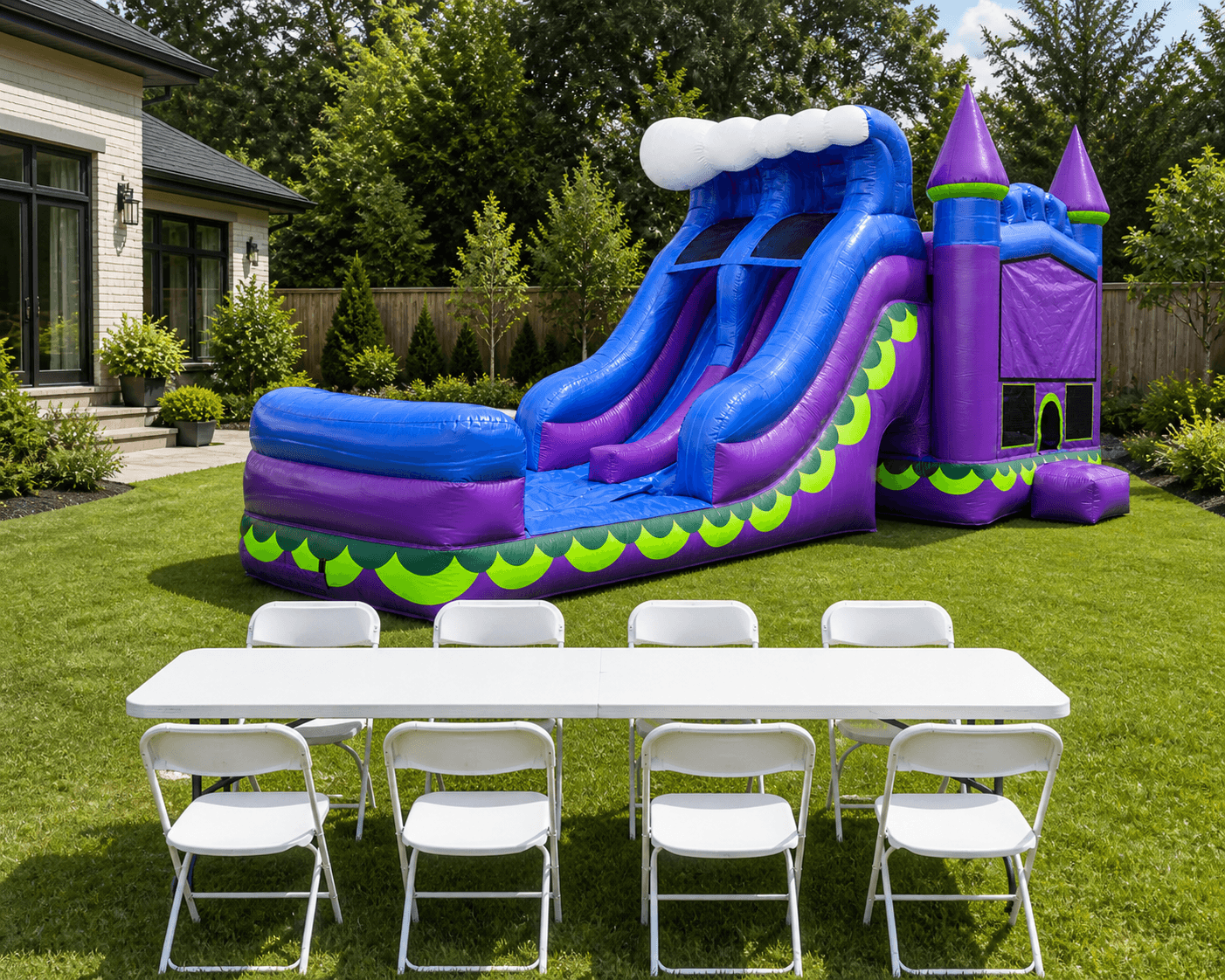 A XXL Purple Wave Double Lane Slide & Bounce Combo + Table & 8 Chairs