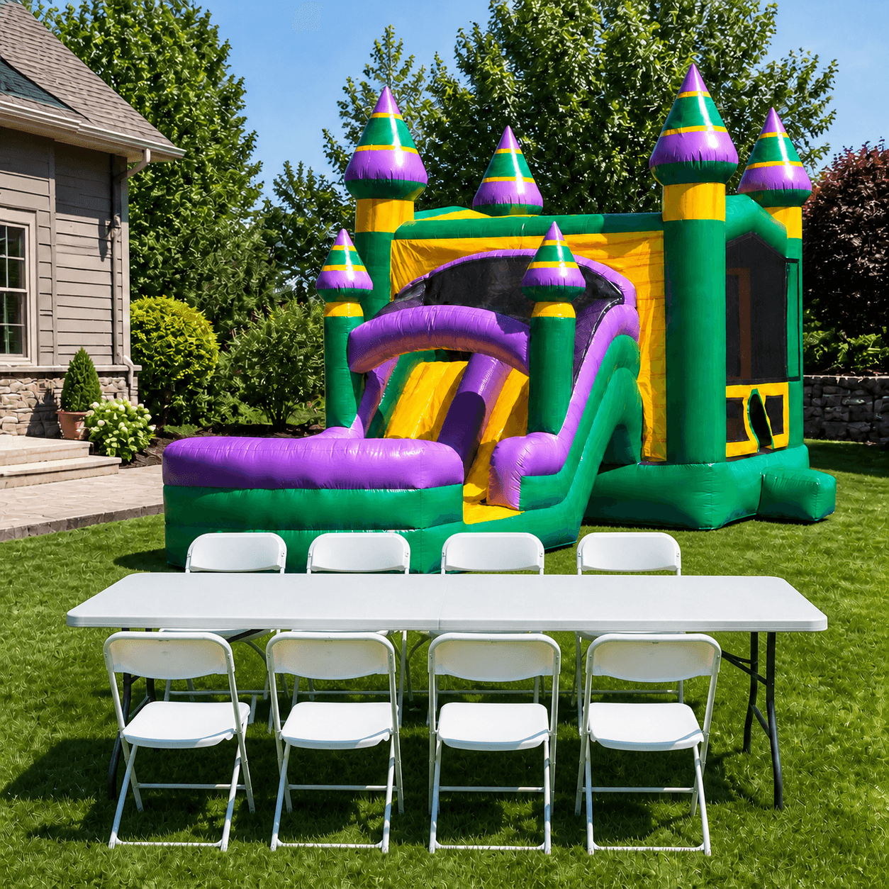 Double Lane Amazon Slide & Bounce Combo + Table & 8 Chairs