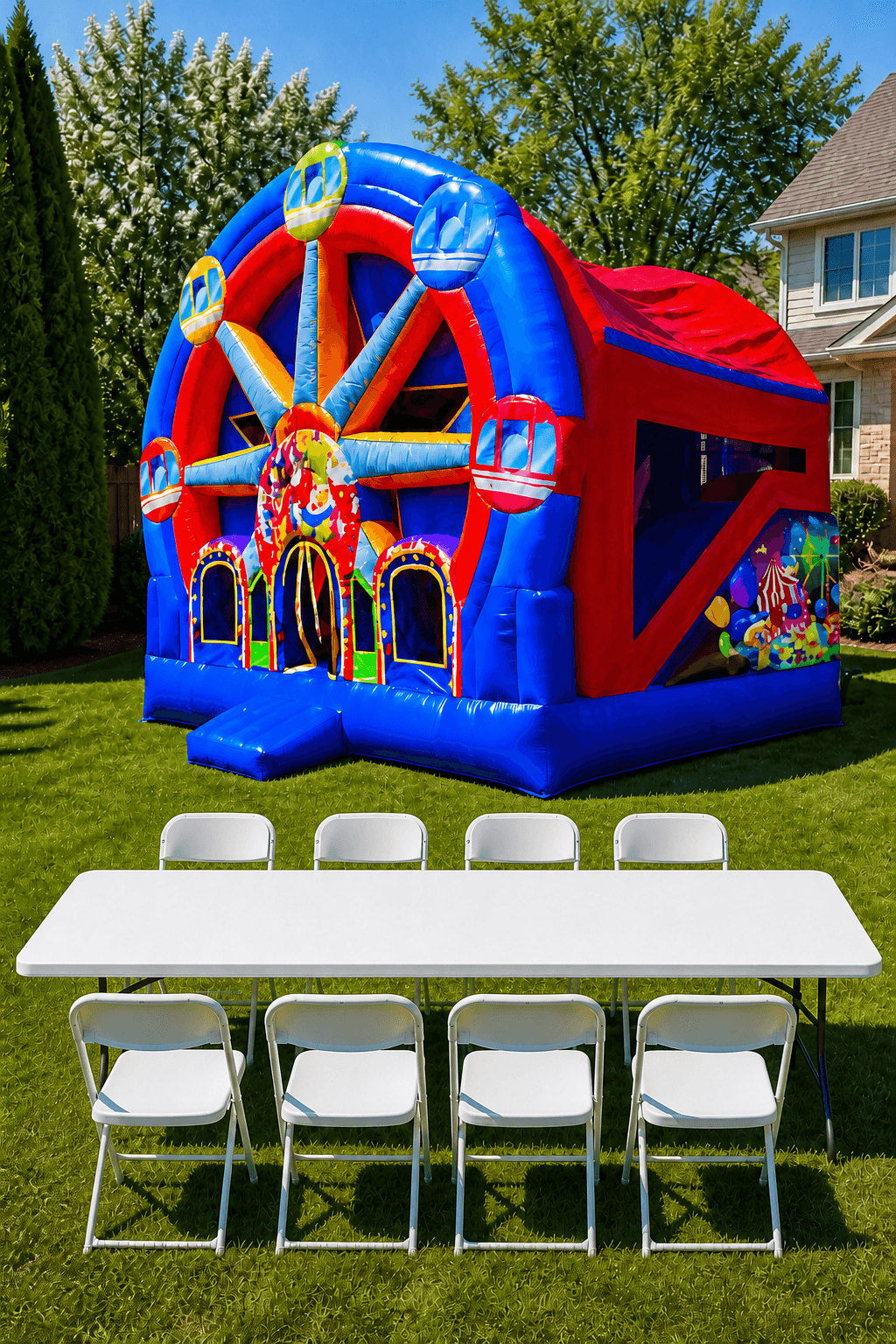 A XL Ferris Wheel Carnival Bounce House & DRY Slide Combo + Table & 8 Chairs