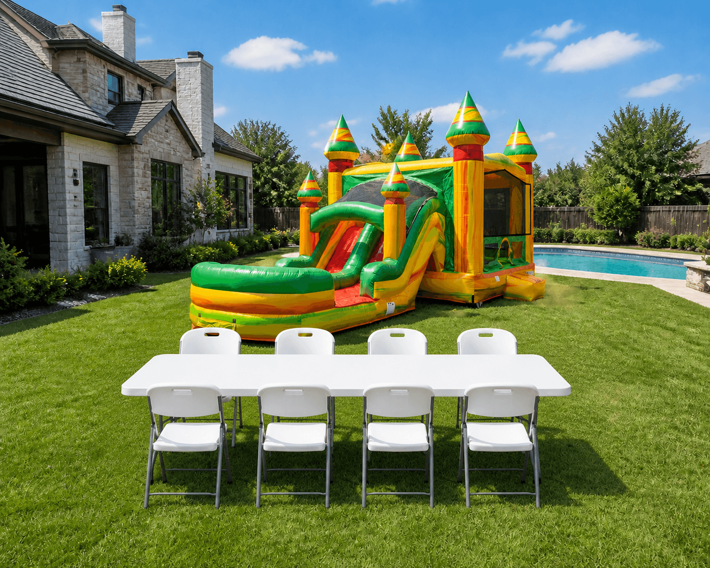 Double Lane Fiesta Slide & Bounce Combo + Table & 8 Chairs