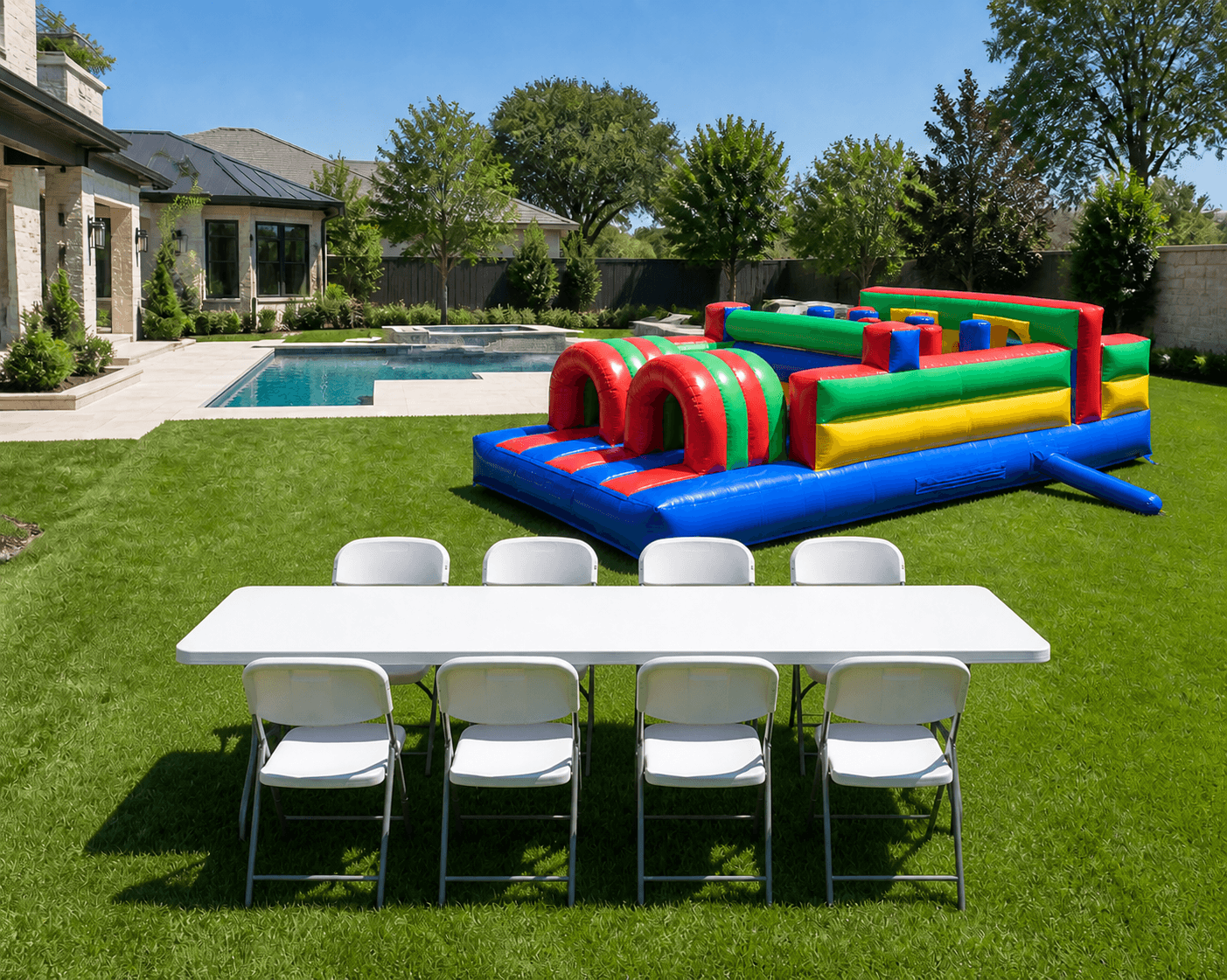20’ Mini Double Lane Obstacle Course + Table & 8 Chairs