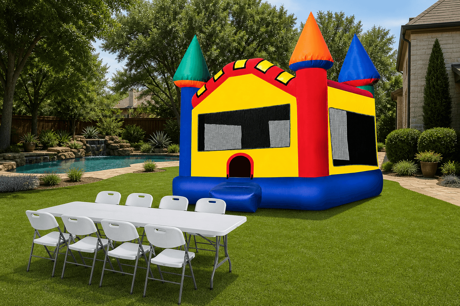 Castle Jumbo Multicolor 15' X 15' Bounce House Rental + Table & 8 Chairs
