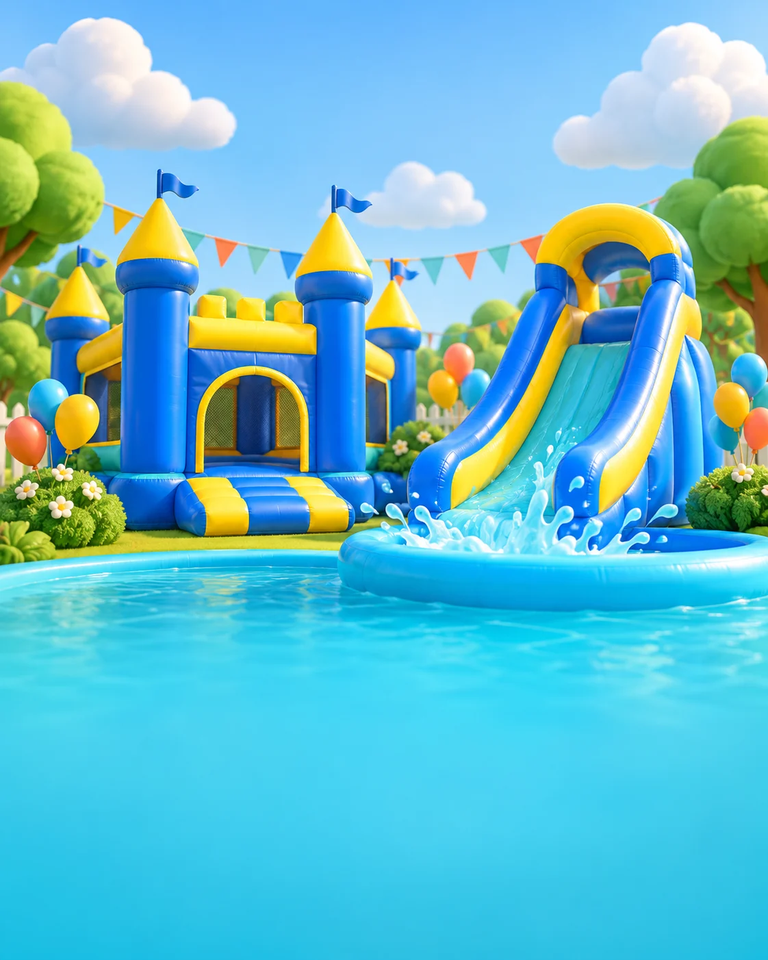 A colorful cartoon party world with a blue and yellow bounce castle, water slide, balloons, and fluffy clouds